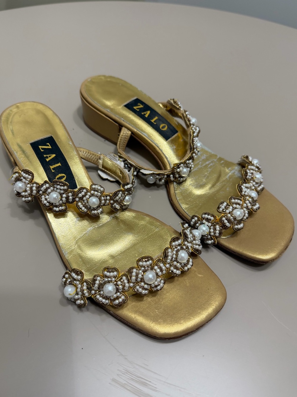 Vintage ZALO Gold Pearl-Embellished Women's Sandals